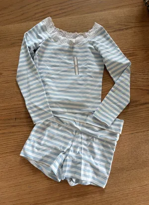 Frankie's Bikinis Light Blue & White Striped Lace-Trim lounge Set thumbnail 1