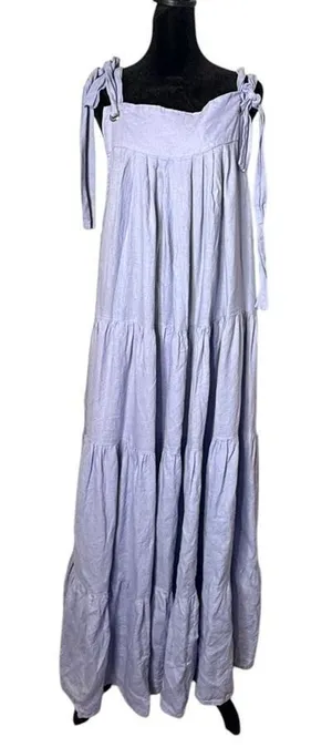 Womens Tiered Tie Should BOHO Pinafore Maxi Dress OS Lavender 100% Linen thumbnail 1