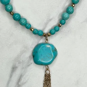 Faux Turquoise Beaded Slab Tassel Pendant Gold Tone Necklace thumbnail 2
