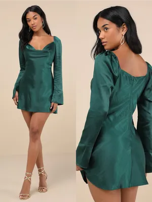 LULU’S Sensational Fate Emerald Green Satin Cowl Neck Mini Dress thumbnail 2