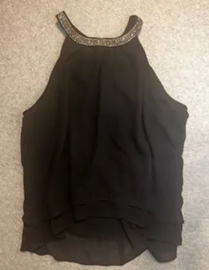 A'GACI Womens Black Rhinestone Halter Neck Layered High Low Blouse Top Size L thumbnail 1