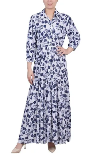 NWT Ny Collection Petites Crinkle Tiered Maxi Dress PCOD0984 Blue / White PL thumbnail 1