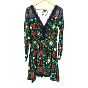 Anthropologie Black Floral Lace Trim V-Neck Long Sleeve Mini Dress 8 Whimsygoth thumbnail 3