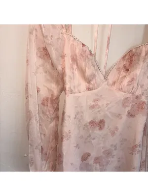NWT Lulus Lovely Poise Light Pink Floral Tie-Back Long Sleeve Mini Dress Size M thumbnail 5
