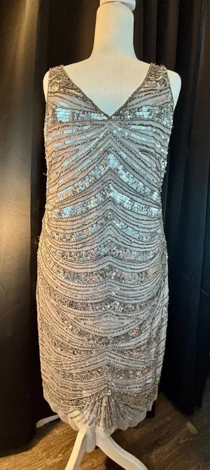 Patra Vintage Sequin Beaded Cocktail Dress Silver Art Deco Gatsby Sz 16 RN 65518 thumbnail 1