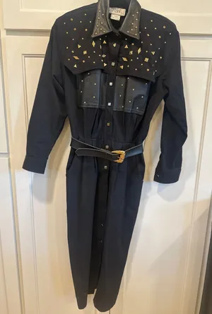 Vintage 80's d. Frank Black Studded Western Dress Leather Trim rodeo Size 8 thumbnail 1