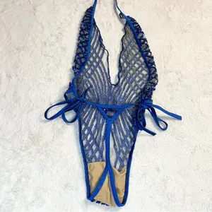 Brazilian Blue Sequin Sheer Plunge One-Piece Thong Side Tie Swimwear Size Small thumbnail 8