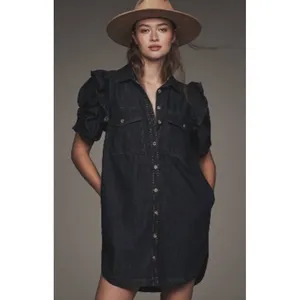 Anthropologie PILCRO RUFFLE-SLEEVE DENIM SHIRT DRESS XXS NEW Preppy Boho Resort thumbnail 4