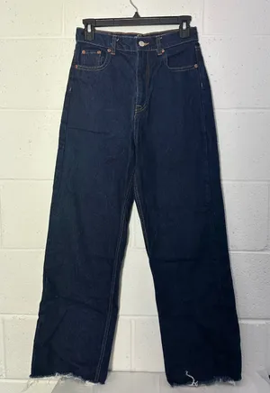 Zara Womens High Rise Wide Leg Dark Wash Denim Jeans Raw Hem Indigo Size 4 thumbnail 1