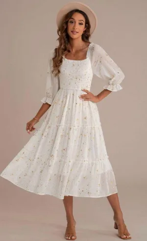 Square Neck Star Printed Smocked Midi Dress White thumbnail 1