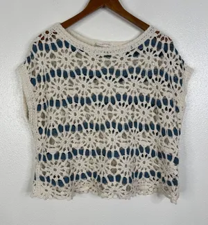 Solitaire Crochet Knit Floral Medallion Top Cream Blue Boho Cap Sleeve Large thumbnail 1