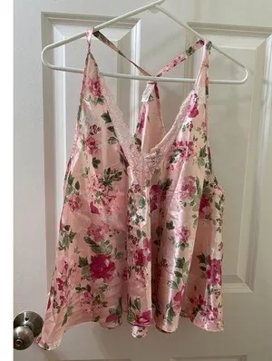Flora Nikrooz Pink Floral CHEMISE CAMI Lace Accent Sleepwear TOP LARGE thumbnail 1