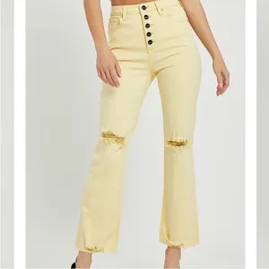 RISEN: PALE YELLOW‎ High Rise button fly distressed Ankle Straight Pant 32! thumbnail 2