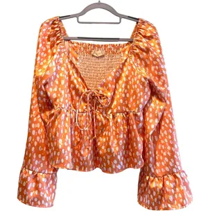 Altar'd State Orange Polka Dot Satin Peplum Top Long Bell Sleeve Smocked‎ Medium thumbnail 1