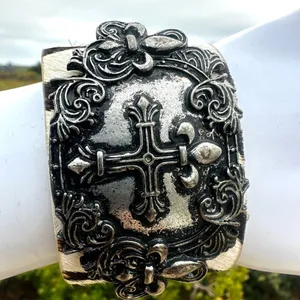 Zebra calf hair silver cross wide snap bracelet thumbnail 6