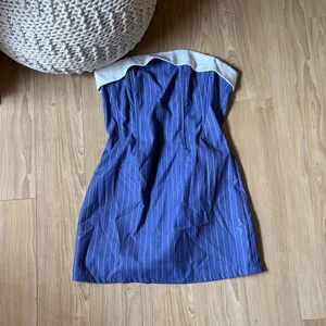 With Jean Navy Pinstripe Strapless Dress with White Trim thumbnail 2
