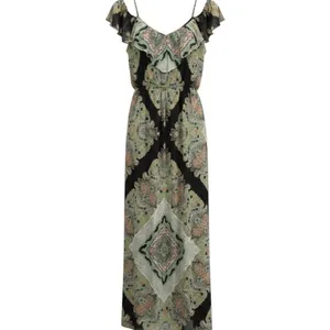 Lily Rose Teal Navy Paisley Cold Shoulder Maxi‎ Dress Ruffle V-Neck Boho Medium thumbnail 2