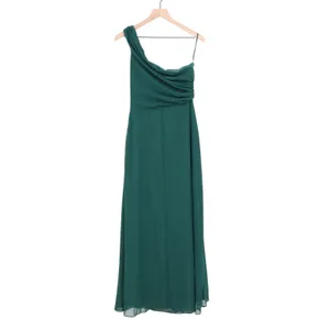 Maxi Bridesmaid Dress Womens Sage Green Pleated One Shoulder Front Slit thumbnail 3