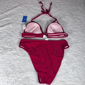Cupshe Red High Waisted Bikini Set Whipstitch Halter Triangle Top Size Large NWT thumbnail 3
