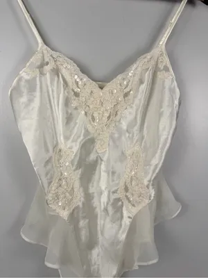Vintage 97 Victoria's Secret Satin Lace Teddy Bodysuit S Ivory Ruffle Lingerie thumbnail 2