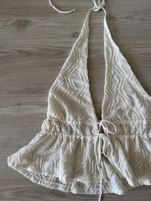 Zara Cream Textured Halter Tie-Front Top thumbnail 3