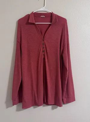 POL Long-Sleeve Ribbed Polo Top in Dusty Rose thumbnail 1