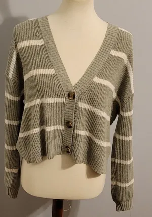 American Eagle Outfitters Olive Green and White Striped Cropped Cardigan thumbnail 1