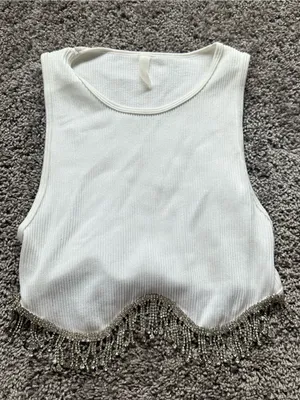 Anwnd Beaded Fringe White Crop Tank Top thumbnail 2