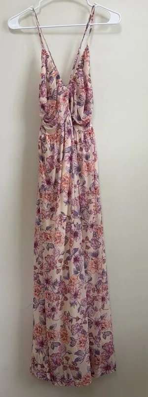 Mystree Cream Floral Mesh Maxi Dress Criss Cross Back Polyester Blend Sz M NWT thumbnail 1