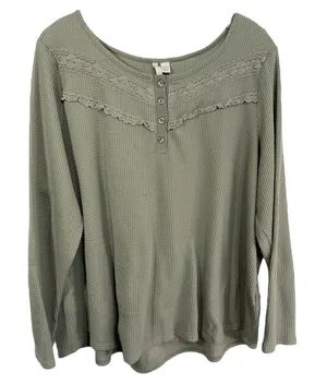 Cato Plus Size 18 20 Top Sage Green‎ Long Sleeve Waffle Knit Thermal Lace 771 thumbnail 1