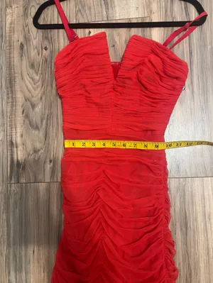 Dress the Population Ferra Rouge Red Ruched Midi Dress XS Strapless thumbnail 12
