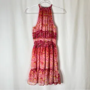 Zara Basic Pink Floral Pleated Ruffle Halter Neck Mini Dress Womens Medium thumbnail 6
