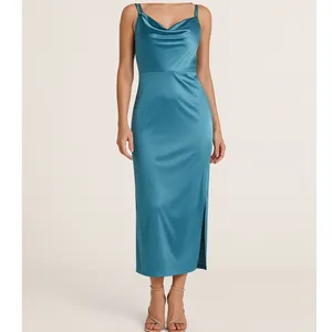 VENUS Teal Satin Slip Dress Size 8 Cowl Neck Adjustable‎ Straps Midi Slit Party thumbnail 12