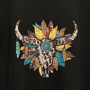 Black Western Graphic Tee with Bull Skull & Flower Design XL thumbnail 2