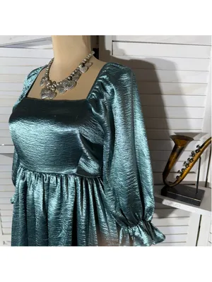 Entro Anthropologie teal satin babydoll mini dress ballooned sleeves Fairy hoco thumbnail 5