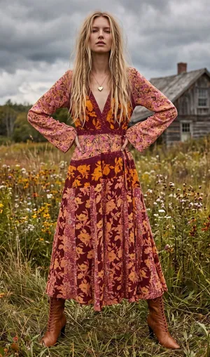 Free People Bohemian Retro 70s Gypsy Floral Tilda Maxi Dress Size Small thumbnail 1