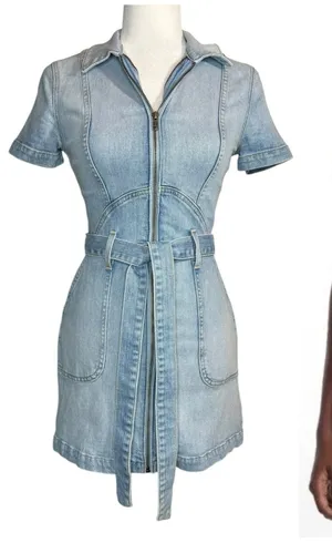 Alice + Olivia Jeans Blue Denim‎ Mini Dress Size 2 Zipper Front Pockets Belted thumbnail 1