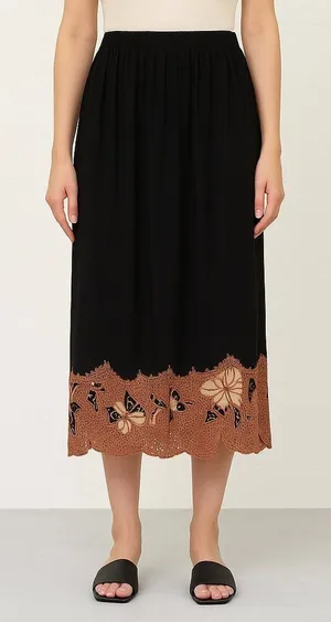 Vintage Embroidered Floral Hem Elastic Waist Skirt Black Large thumbnail 1