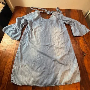 Cloth & Stone Blue Tencel Chambray Mini Dress Tie Back‎ Ruffle Bell Sleeve L thumbnail 1