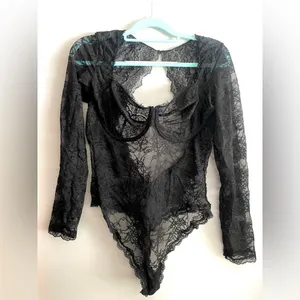 Victoria’s Secret Black Lace Lingerie Body Suit, Long Sleeve, Thong Style, NWT thumbnail 2