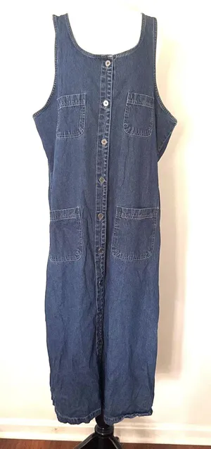 Expression Vintage Blue Denim Sleeveless Button Front Midi Dress Prairie Boho thumbnail 1