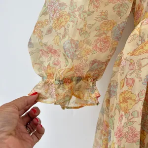 Selkie Hans Christian French Puff Dress‎ Yellow Floral Organza Midi Medium EUC thumbnail 6