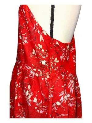 Free People All Mine Mini Red White Strapless Printed Dress one shoulder zip L thumbnail 5