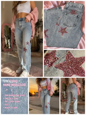 Y2K Barbiecore Pink Rhinestone Star Wide Leg Jeans Bedazzled Festival Glam thumbnail 2