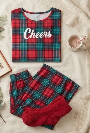 Joyspun‎ Womens Holiday Plaid Pajama Set Cheers Red Green L 12-14 JS4395051SA thumbnail 1