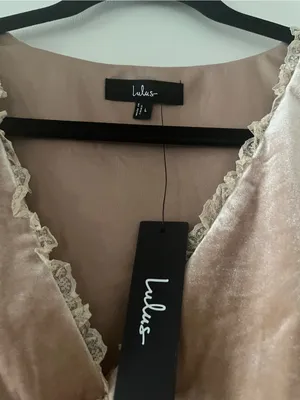 Lulus Blush Pink Velvet Puff Sleeve Midi Dress Large Lace Coquette Babydoll NWT thumbnail 4