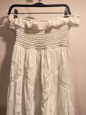 Free People Hi Hello White Cotton Smocked Strapless Lace Trim Midi Dress Size M thumbnail 5