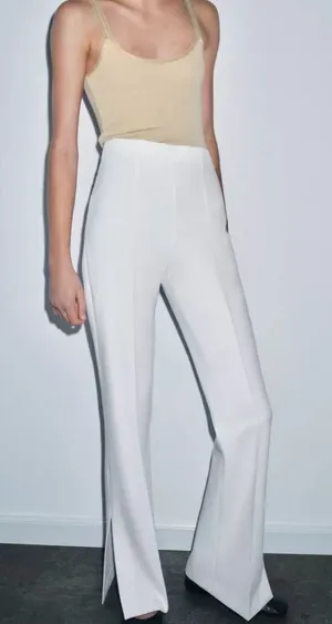 Zara High-Waist Pressed Pleated White Cream Wide-Leg Side Vents Pants Sz XS thumbnail 1