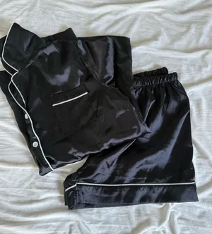 Women's Black Satin Pajama Set with Contrast Piping thumbnail 1