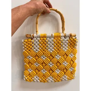 Handwoven Vintage Yellow & Cream Macramé Tote Bag with Bamboo Handles thumbnail 2